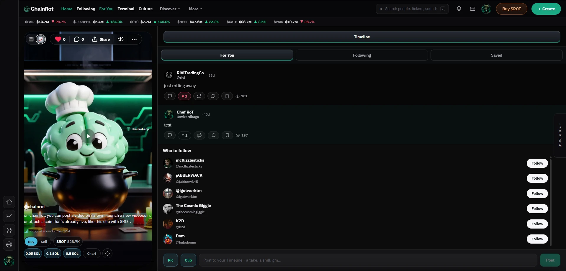 ChainRot on desktop: the video feed with a Buy/Sell ticket on the left, the Timeline on the right.