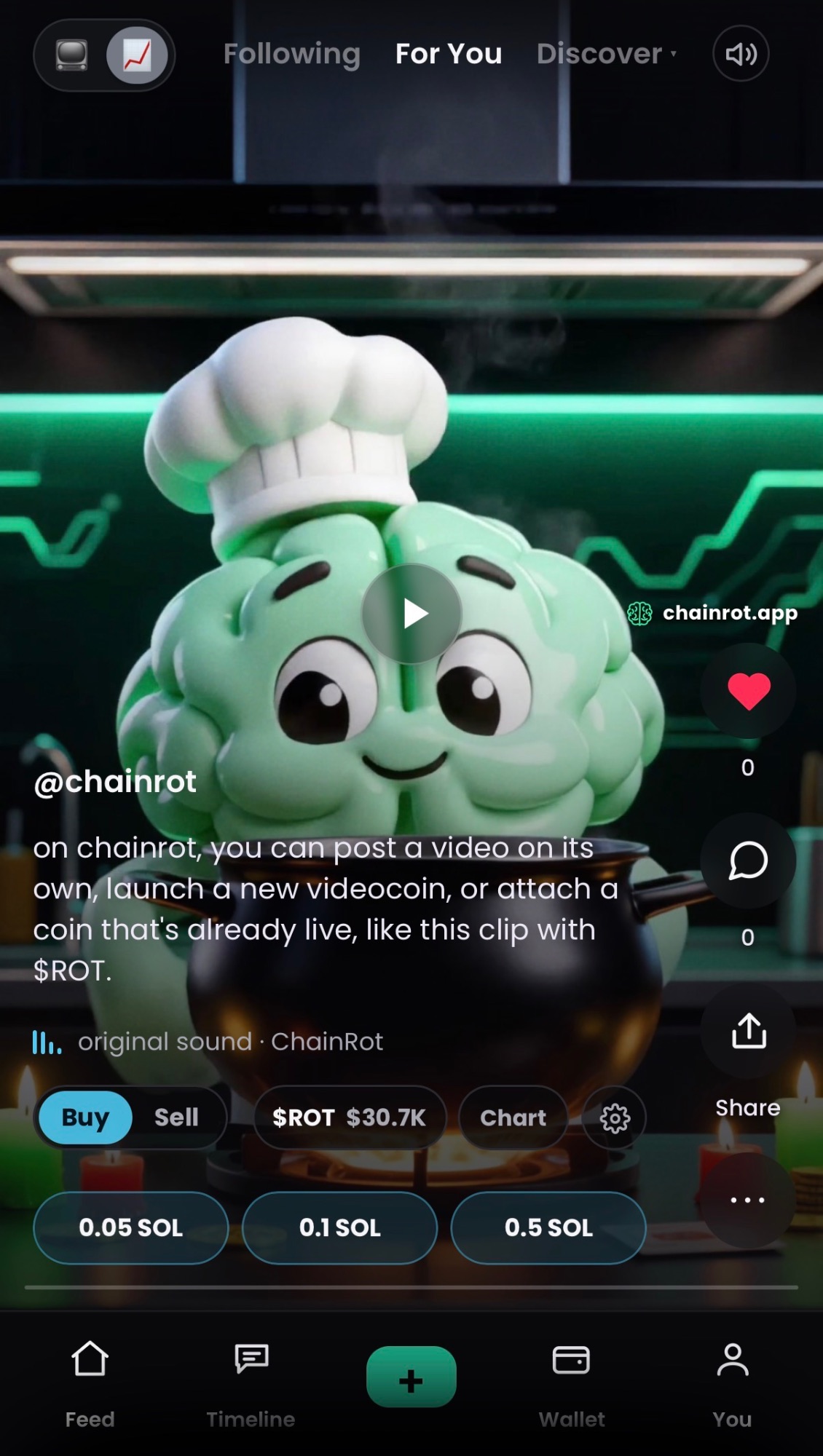 A ChainRot video in the feed with $ROT attached: a Buy/Sell ticket, the price, and one-tap SOL amounts right on the video.